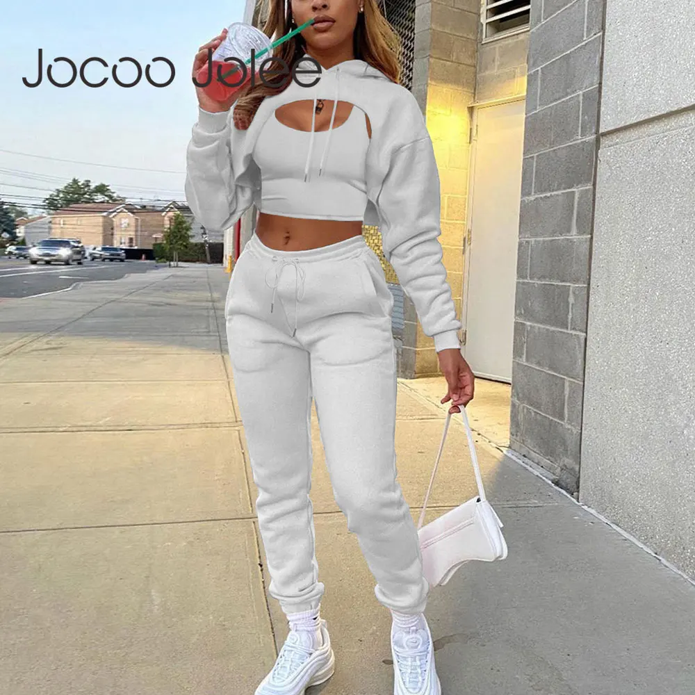 Conjunto de sudadera con capucha y pantalones para mujer, chándal de 3 piezas con forro polar, Top corto Sexy, ropa de gran tamaño