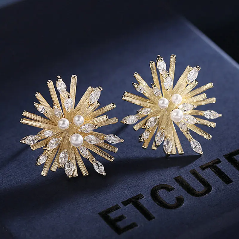 

1pair Gold Color Fireworks Earring Studs Hyperbole Luxury Pearl CZ Earring Studs Fashion Jewelry