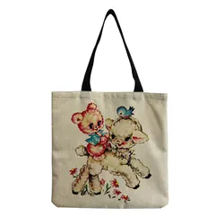 Sac à Main Portable de Grande Capacité pour Femme, Fourre-Tout Noir Imprimé de Dessin Animé Floral, Mouton, Animal Mignon, Taille Simple