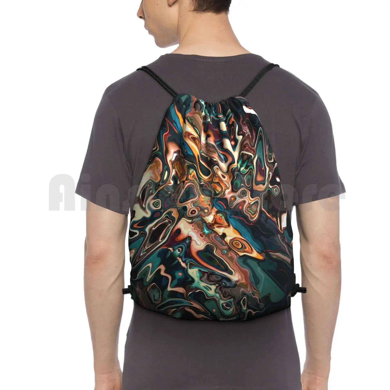 

Melting Copper Abstract Backpack Drawstring Bag Riding Climbing Gym Bag Abstract Copper Melting Trippy Contemporary Green