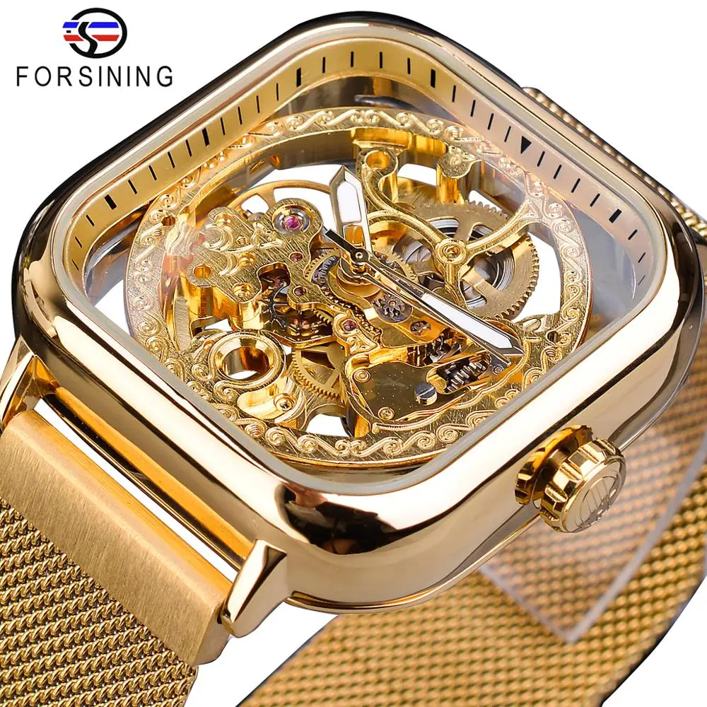Forsining – relojes mecánicos automáticos para hombre, de pulsera, dorado, transparente de malla, con autoviento, de acero, masculino