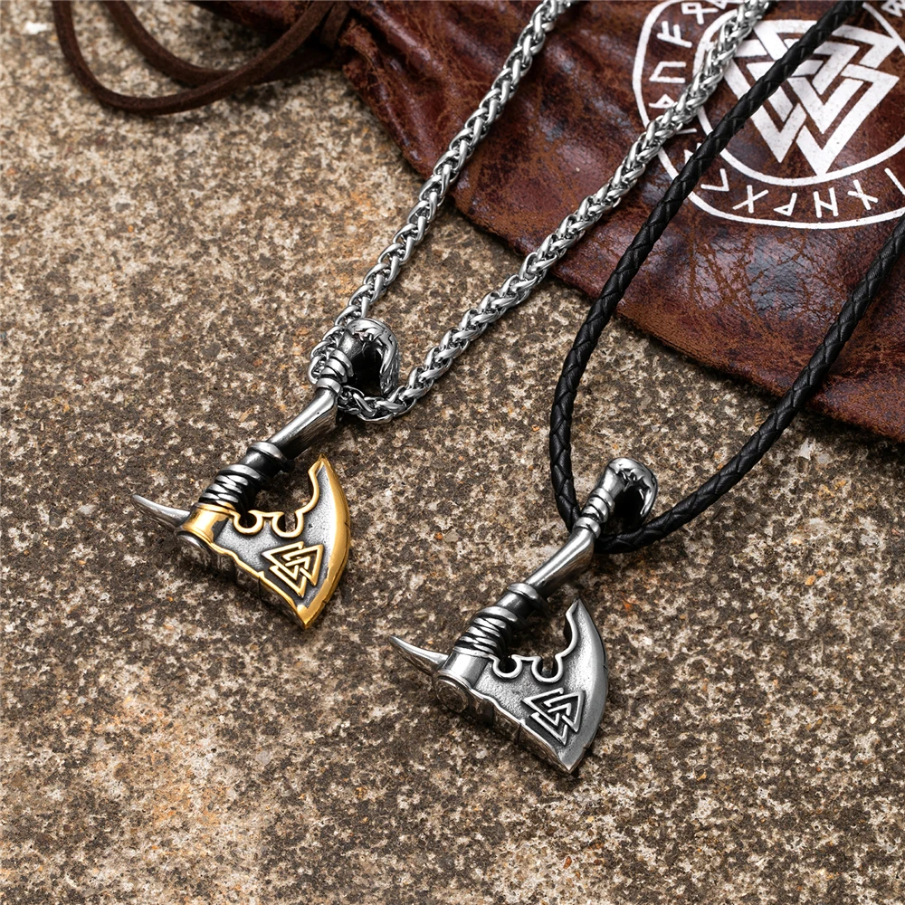 Men Vikings Ax Necklace Gold Color Never Fade Norse Rune Axe Thor Hammer Mjolnir Slavic Amulet Self-defense Pendant Male Jewelry