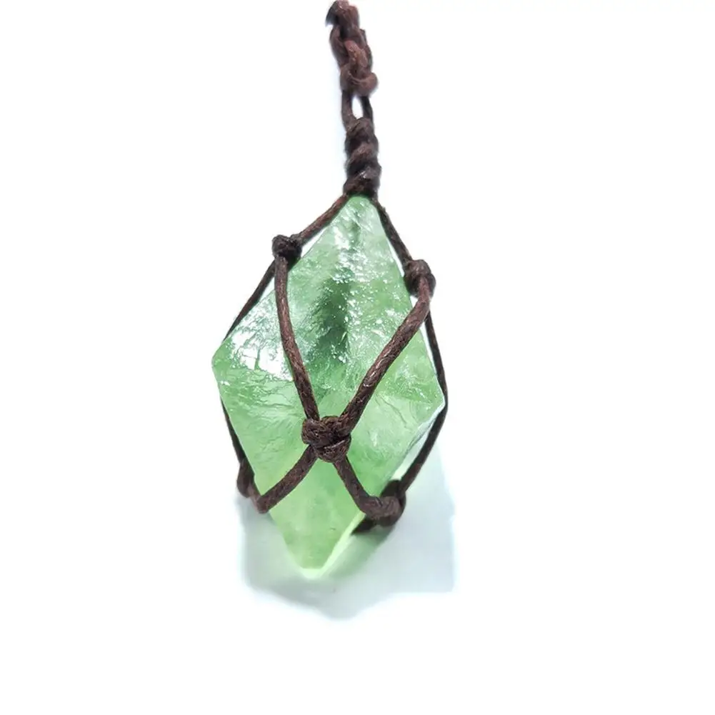 Natural Emerald Crystal Pendant Healing DT Gemstone Wand Reiki Green Fluorite Wrap Braid Necklace Yoga Macrame for Men Women - Image 2