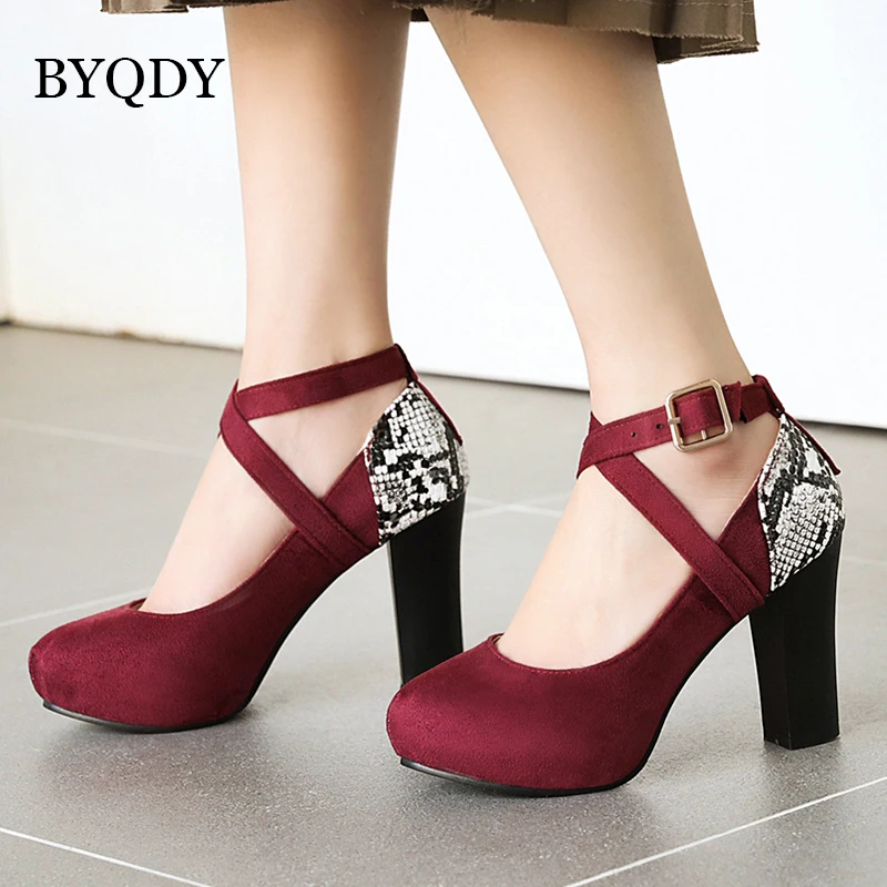 BYQDY Fashion Cross-tied Ankle Strap Female Pumps Wedding Party Shoes Platform Round Toe Dress Women Shoes High Heels Suede Shoe