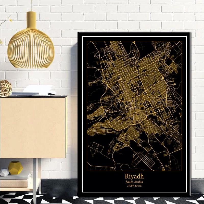 Riyadh Saudi Arabia Black&Gold City Light Maps Custom World City Map Posters Canvas Prints Nordic Style Wall Art Home Decor