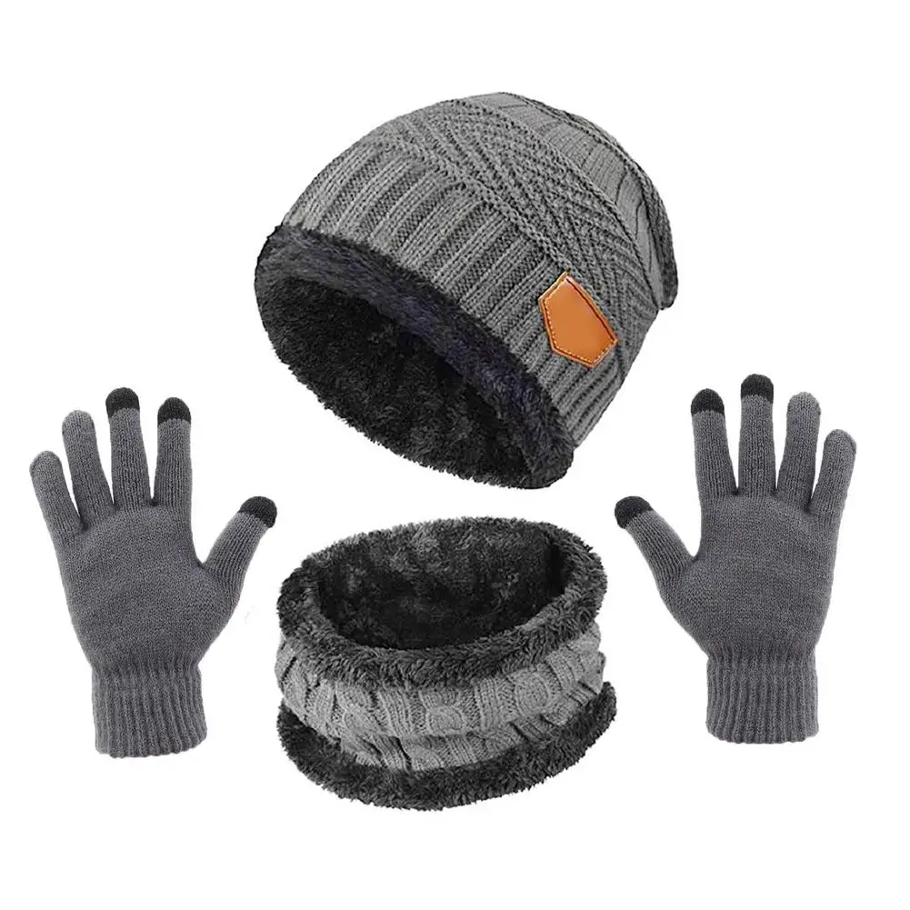 Topi kupluk rajut salju Slouchy hangat Set syal topi tengkorak rajut untuk pria wanita musim dingin sarung tangan syal sarung tangan layar sentuh syal lingkaran