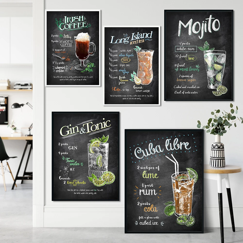 Retro Drinks And Cocktails Poster Vintage Blackbord Drawing Mojito Prints Posters Bar Pub Wall Decor Drink Alcoholic Picture