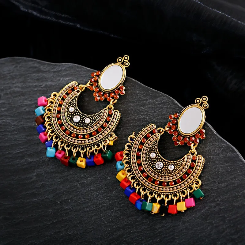 Boho Classic Women\'s Beads Tassel Earrngs Vintage Egypt Geometric Pakistan Gold Color Indian Jewelry Jumkas
