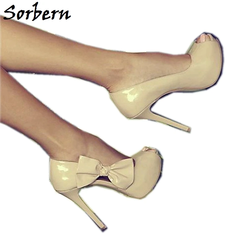 

Sorbern Beige Patent Women Pump Platform Peep Toe Shoes Stilettos High Heels Bowknot Side Slip On Women Shoe Footwear Custom