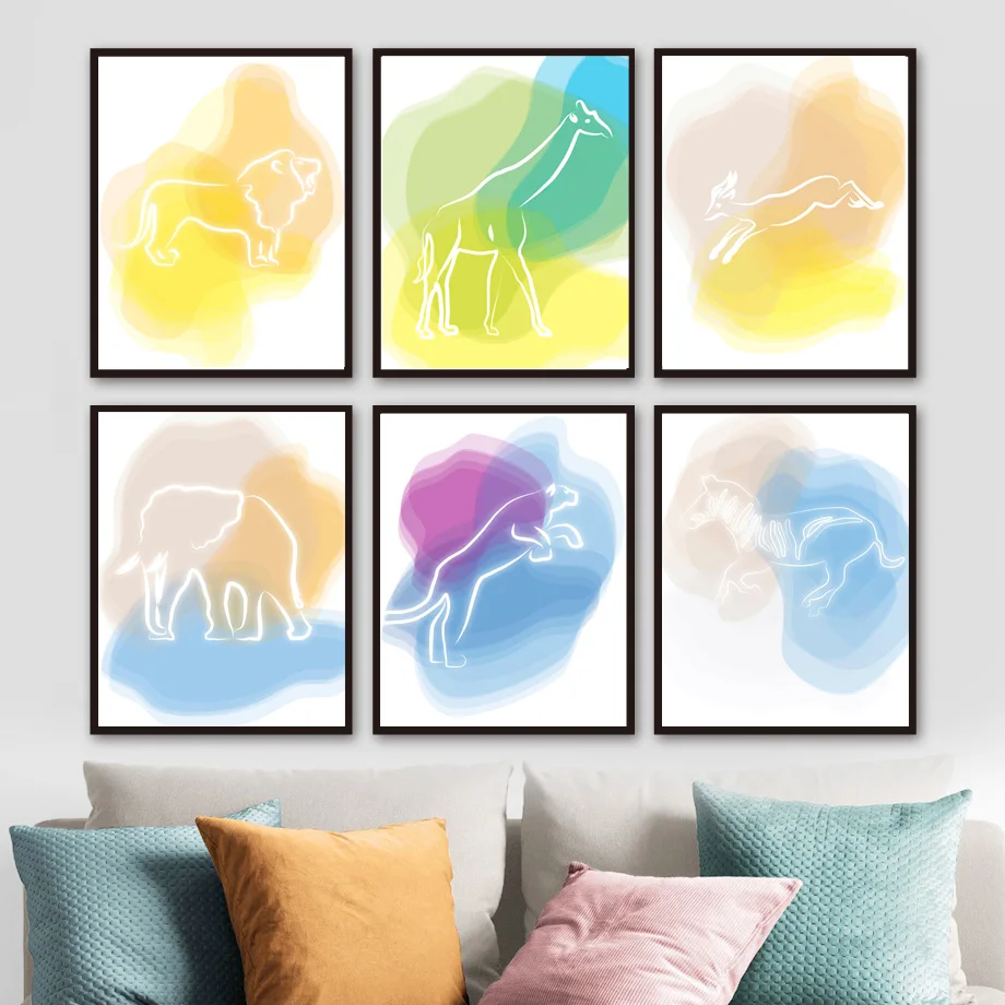 Canvas Painting Wall Art Line Drawing Animal Elephant Lion Giraffe Horse Nordic Posters and Prints Pictures Kids Home Decor