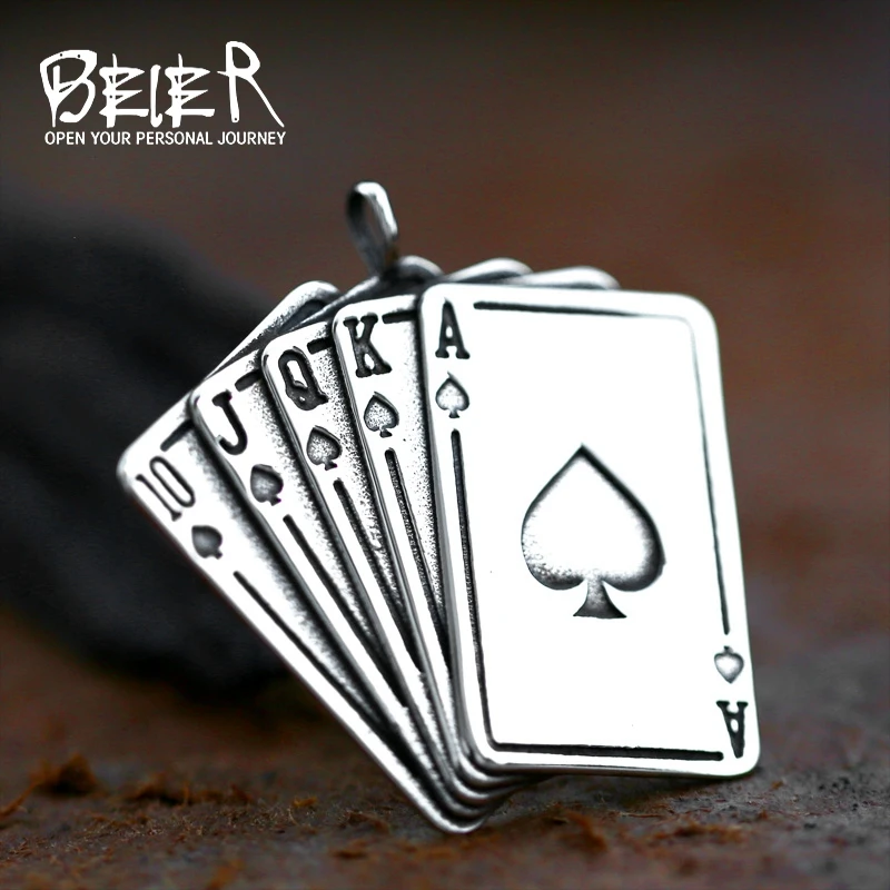 BEIER Spades k  Mens Necklace Tone Poker Skull Pendant for Male Stainless Steel Casino Fortune Playing Card BP8-389