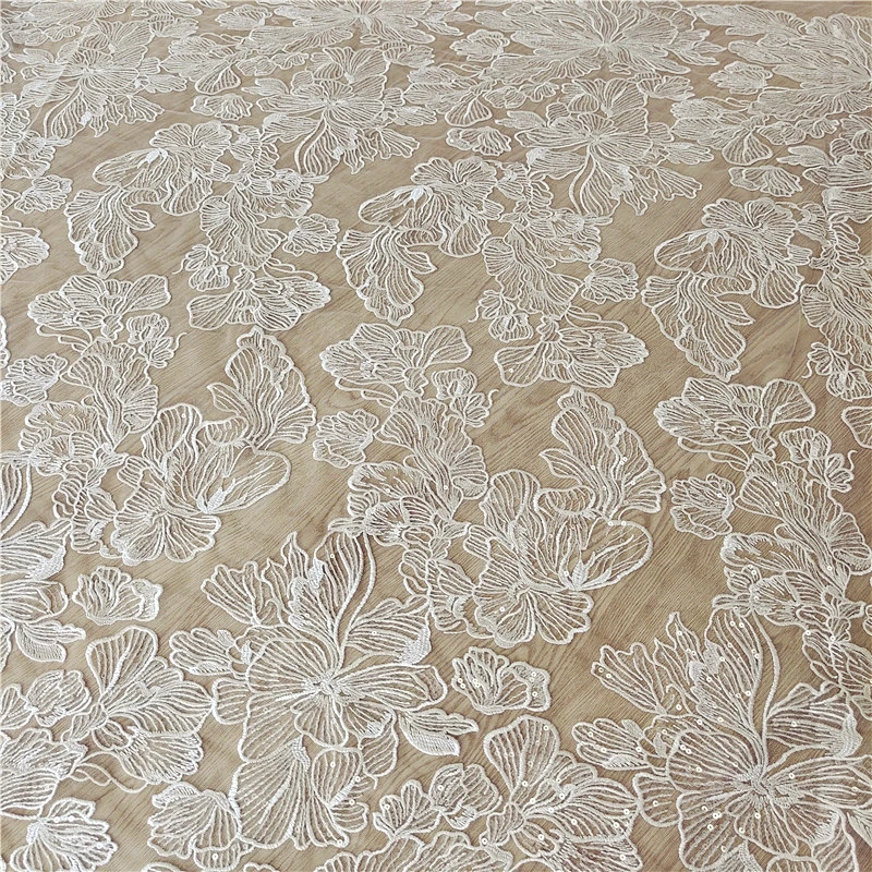 1 yard Off White Sequins Lace Fabric Clear Sequins Wedding Dress Sewing Gown Accessories DIY Material