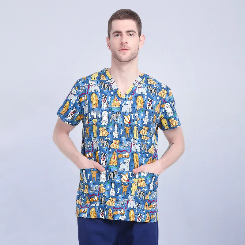 Scrub estivo top New Fashion scollo a v salone di bellezza da uomo negozio di animali abbigliamento da lavoro camicia con stampa cane blu uniforme da allattamento donna