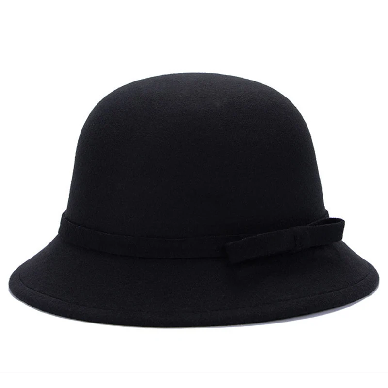 Women Men Black Red Patchwork Wool Felt Jazz Fedora Bowknot Hat Unisex Thick Panama Style Party Trilby Cowboy Dress Wedding Cap