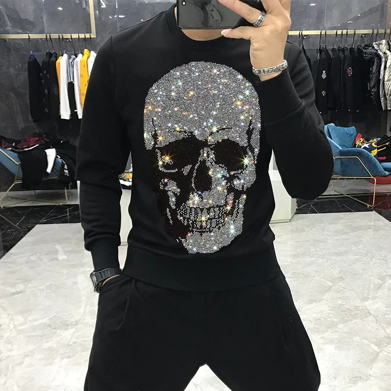 European Winter 2021 Brand Men\'s Hoodie Shiny Skull Hot Diamond Fashion Hoody Fleece Warm Casual Sweatshirt Street Star Oversize