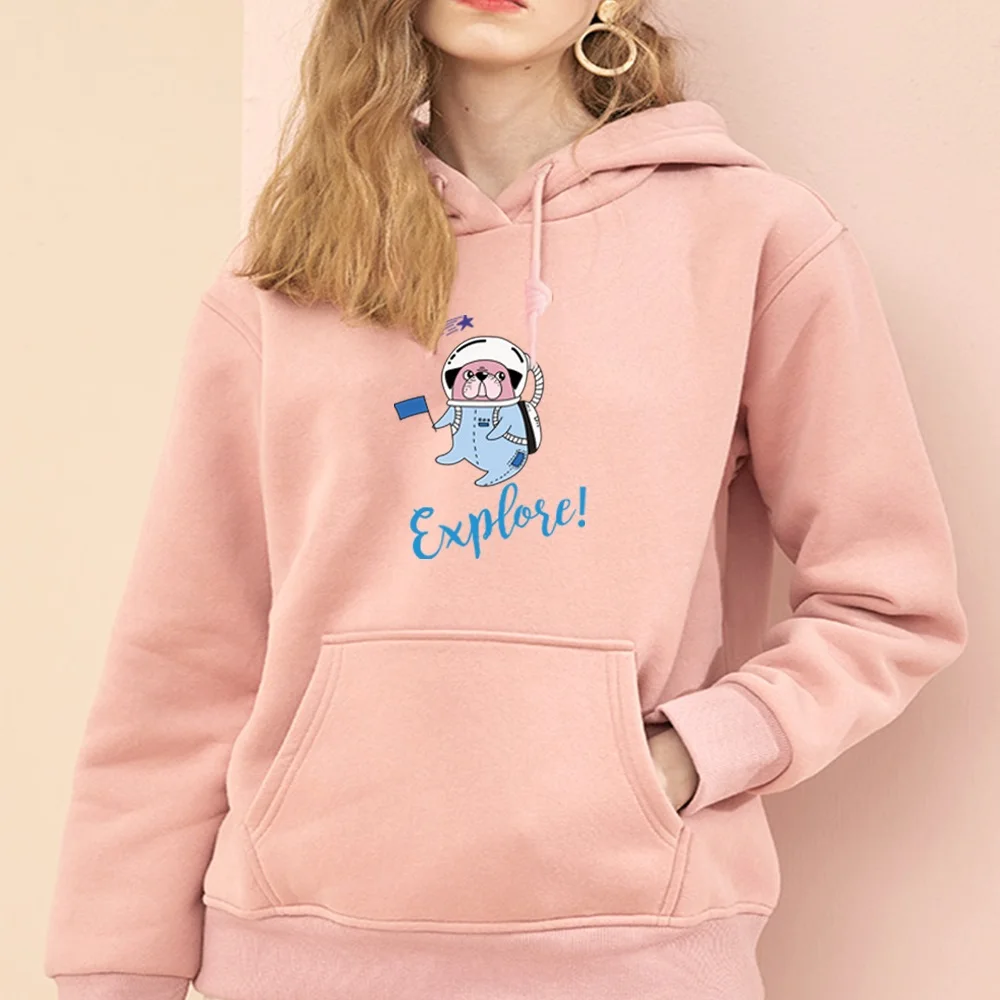 Harajuku solto hoodie feminino rua pulôver casual bonito impressão do cão oversized bolso hoodie topo moda feminina esportes pulôver