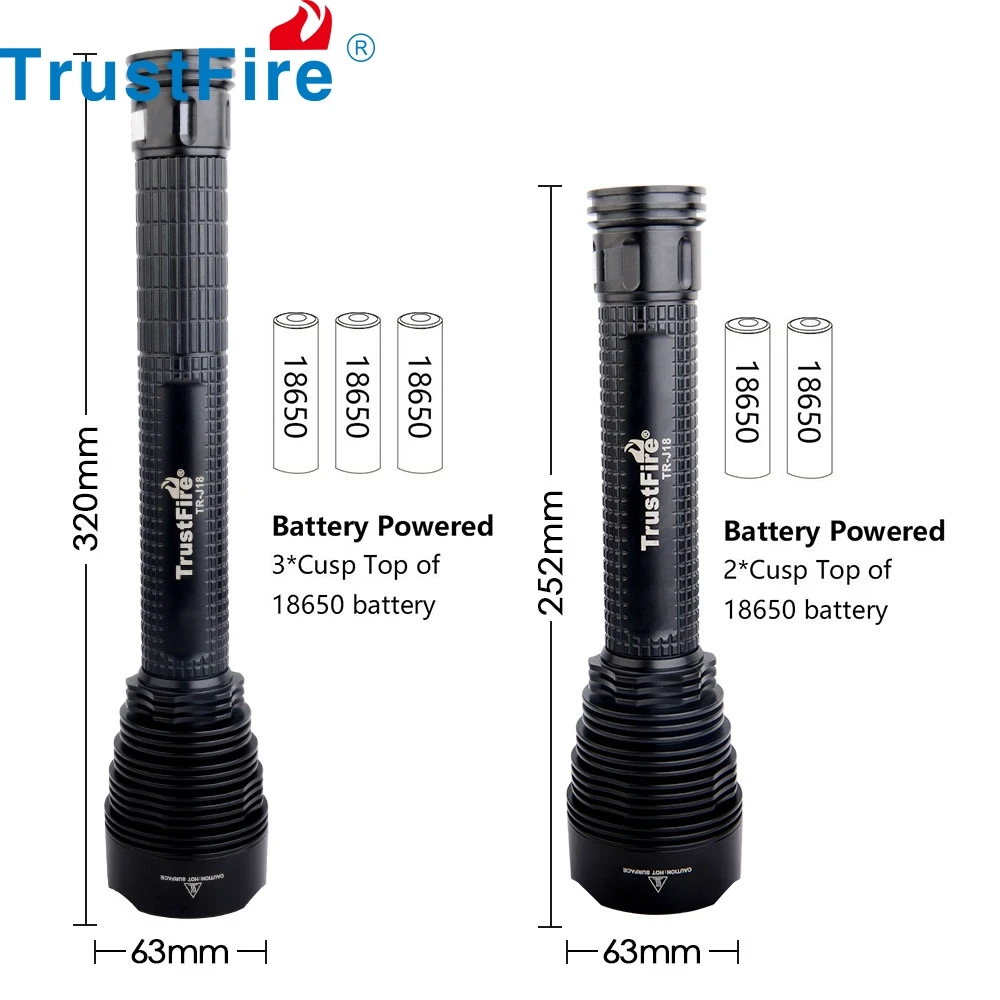 TrustFire J18 18650 LED Flashlight Super Bright 8000 Lumens Water Resistant 5 Light Modes Large Tactical Torch