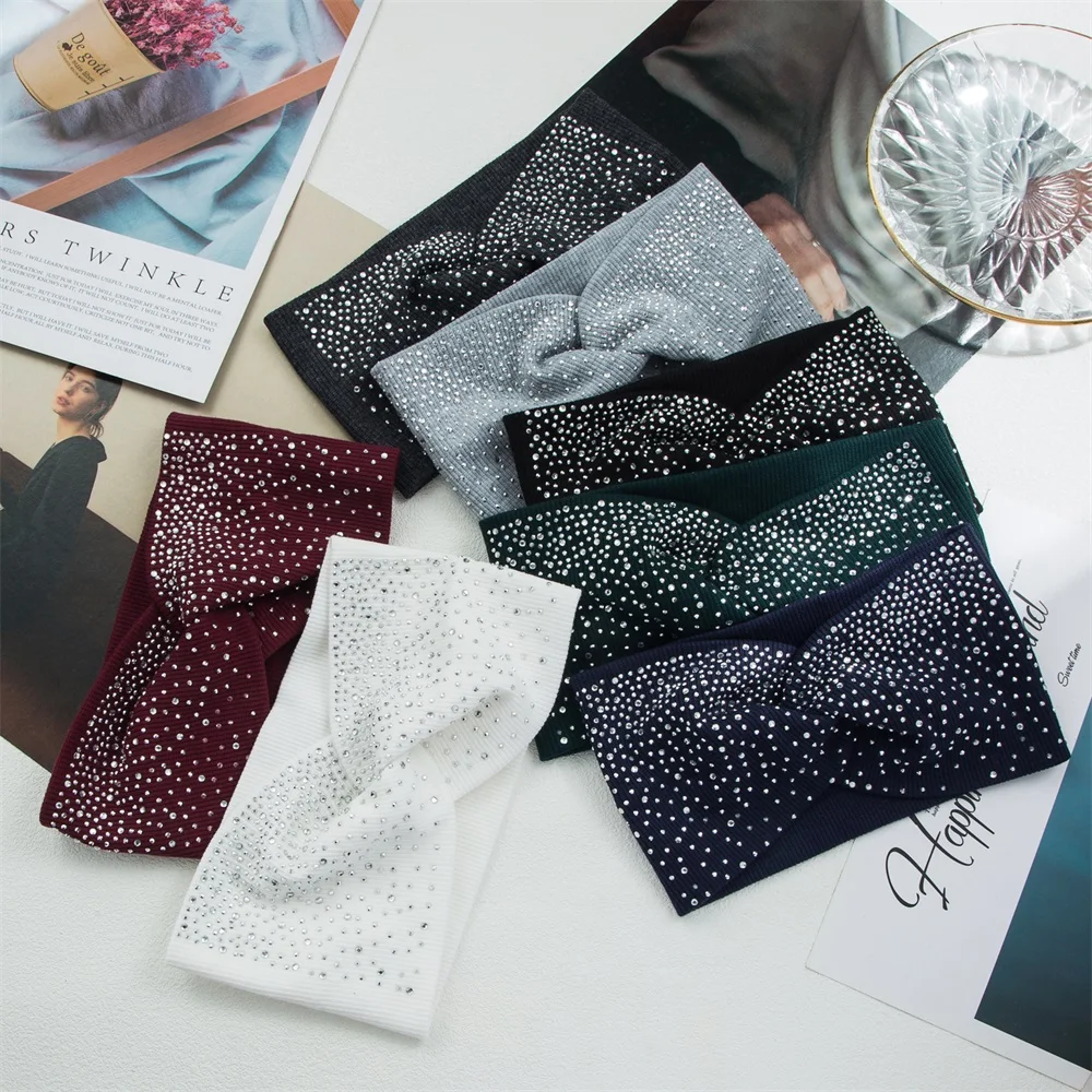 

Women Crystal Sparkling Headband Solid Color Wide Turban Twist Knitted Cotton Hairband Hair Accessories Twisted Knotted Headwrap