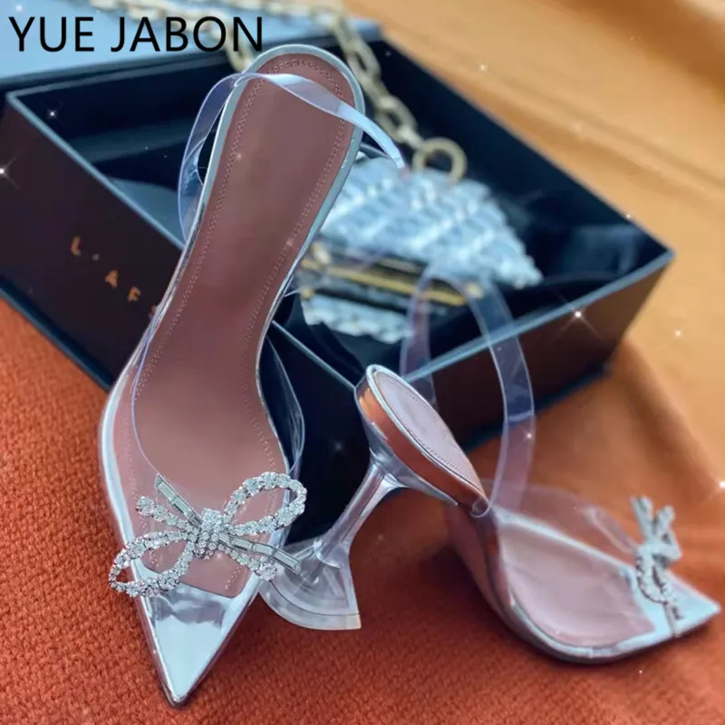 

Fashion Transparent PVC Women Sandals Cup heeled Slingbacks Gladiator Sandals Crystal Bowknot Summer Office Lady Shoes Size 43