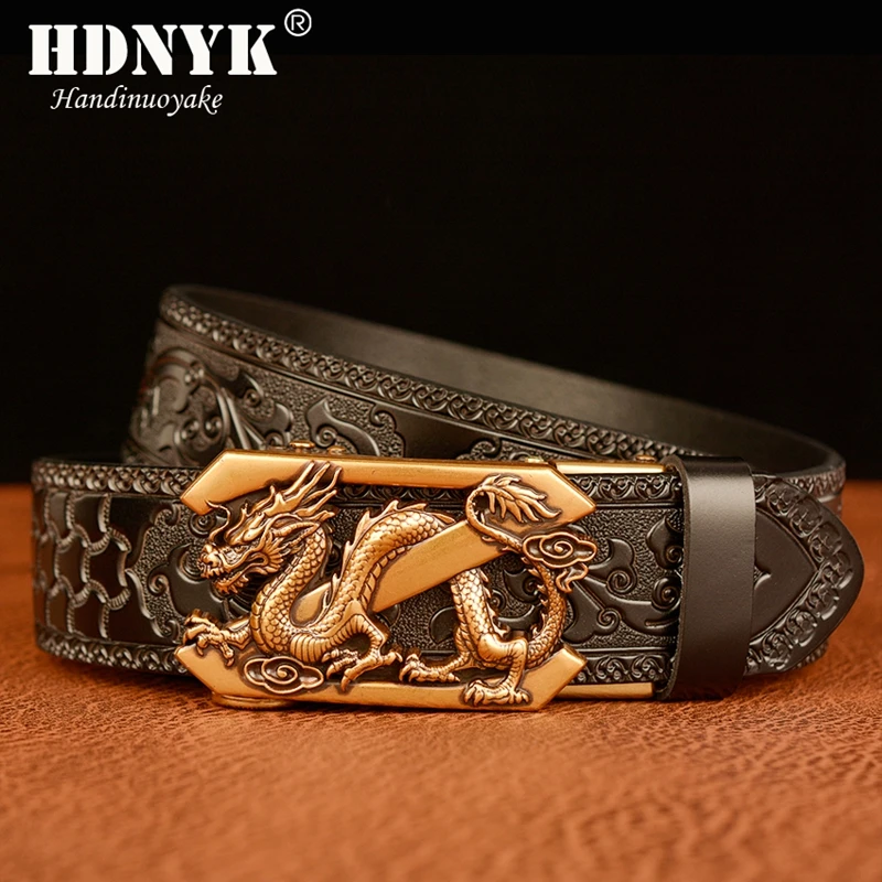 New Arrivel Embossing Retro Technology Belts for Men  Genuine Cowhide Leather Belt with Dragon Pattern Automatic Buckle