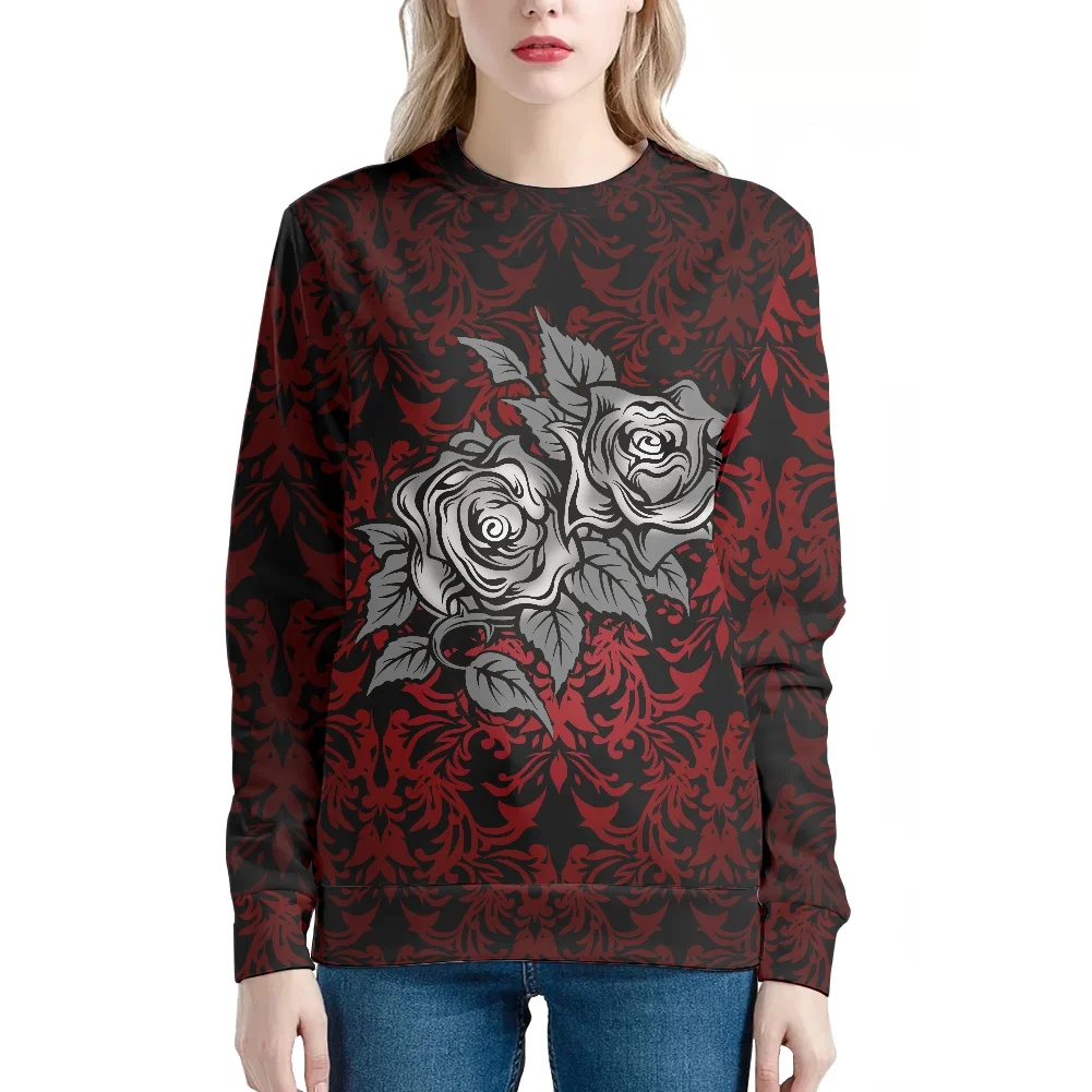 

2022 New Style Autumn Women's Clothing Casual Style Fashion Lady Long Sleeve Round Neck T-Shirt Goth Rose Printing Sweatshirt