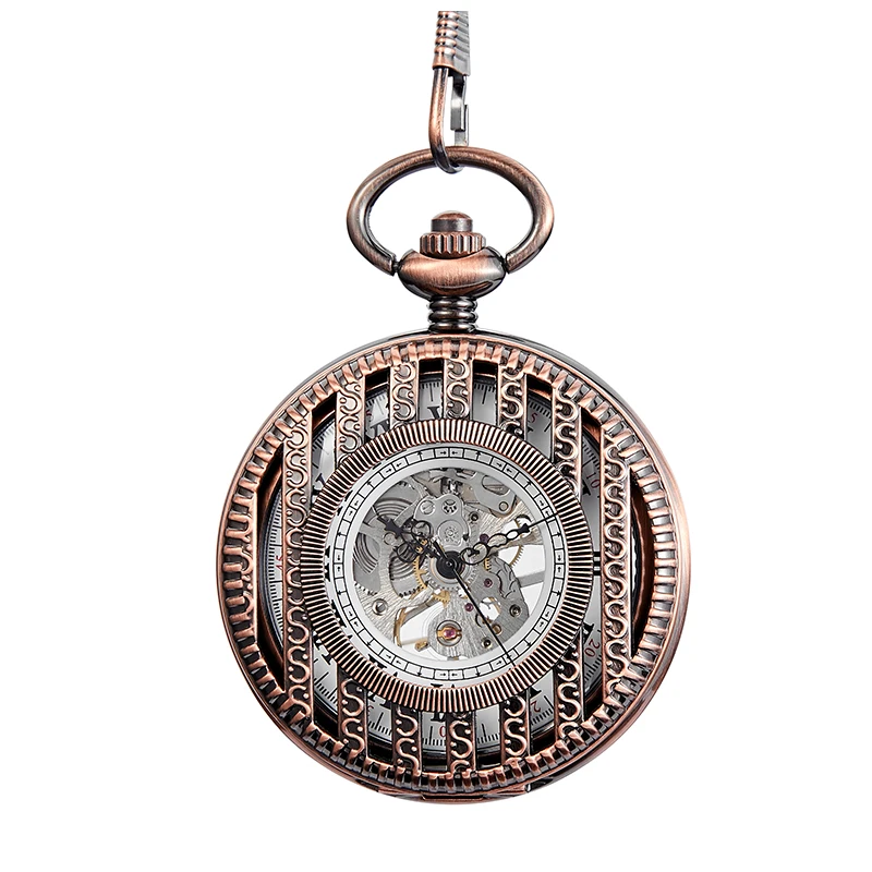 Retro Mechanical Movement Pocket Watch Fashion Gift Hollow Design Roman Numeral Dial with Fob Chain All-Match Decorative Clock