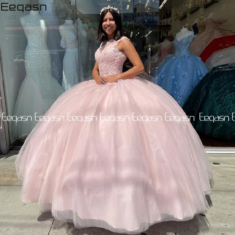 Roze Baljurk Quinceanera Jurk Lange Vestidos De 15 Años Applique Corset Back Lace Sweet 16 Jurk Pageant Jurken