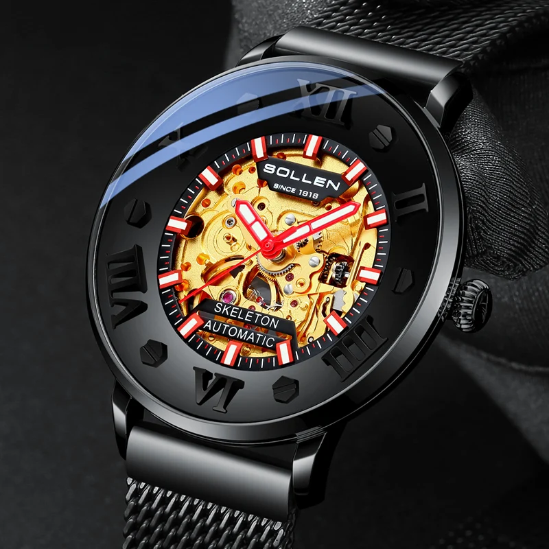 

Luxury Brand Switzerland SOLLEN Japan MIYOTA Automatic Mechanical Men Watches Skeleton Sapphire Waterproof Luminous Clocks SL307