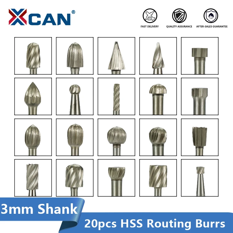 XCAN Rotary Router Milling Cutter 20pcs 3mm Shank HSS Routing Router Bits Burr Rotary Wood Carving Tool Kit Woodworking Tools