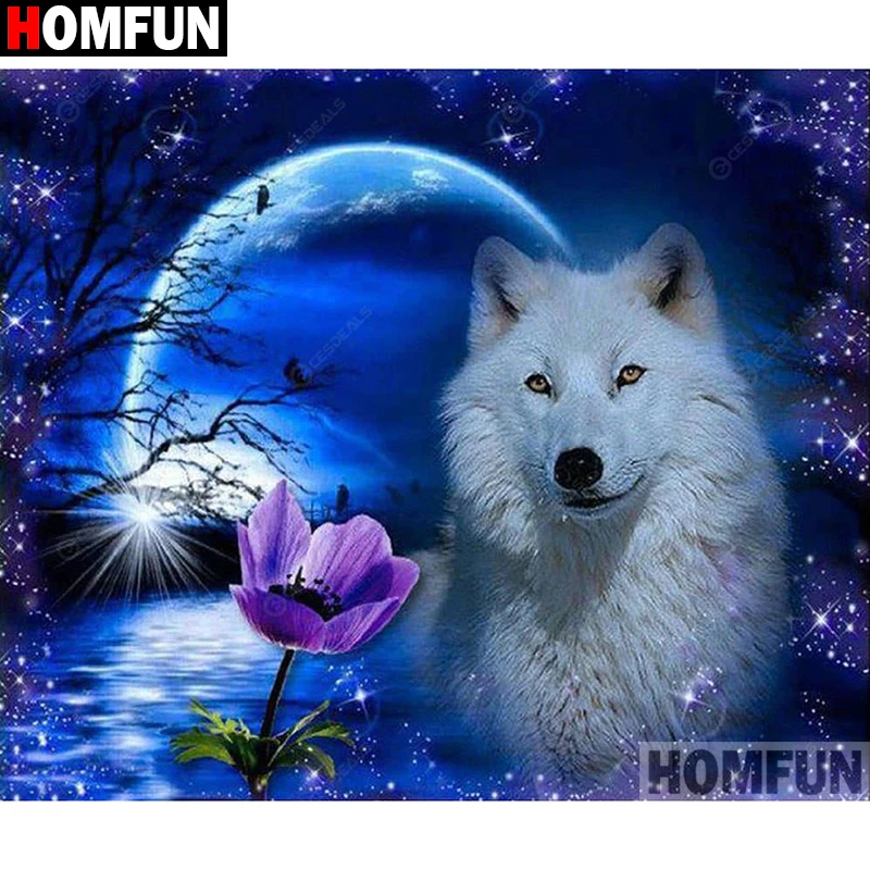 

HOMFUN Diamond Painting Cross Stitch "Flower wolf moon"Full Square Round Diy 5d Diamond Embroidery Picture Rhinestone Art A27179