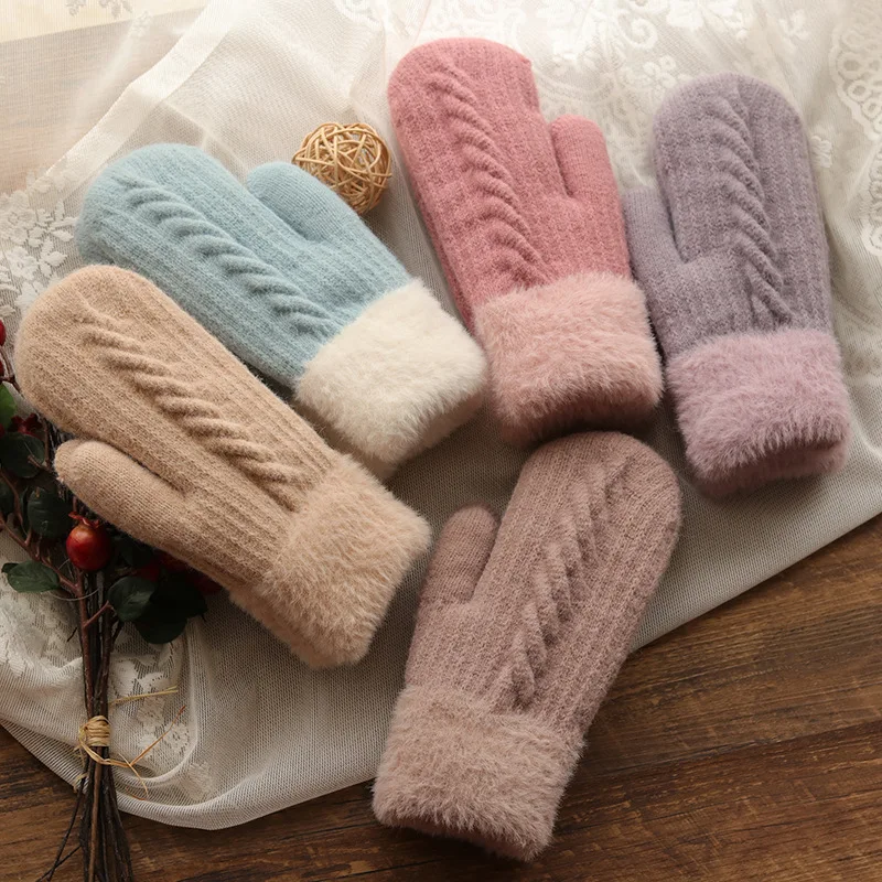 Winter Women Keep Warm Plus Velvet Inside Wrist Thicken Twist Knit Mittens Full Finger Cycling Woolen Gloves Soft Cute Lovely