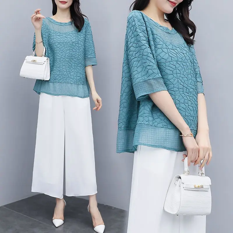 Spring Summer Cyan Brindle Elegant Blouses Shirts Loose Chiffon Blusas Tops O-Neck ​Solid Color Extra Large 5XLDM0063