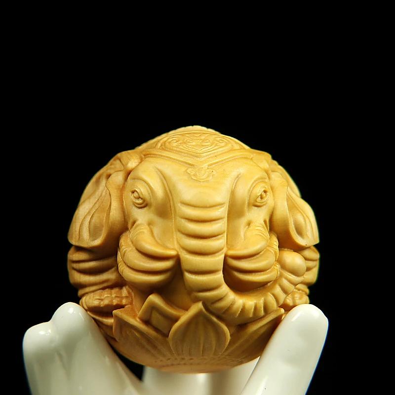 

Massage Ball Elephant Feng Shui Sculpture - Artisan Carved Wooden Sphere Ornament