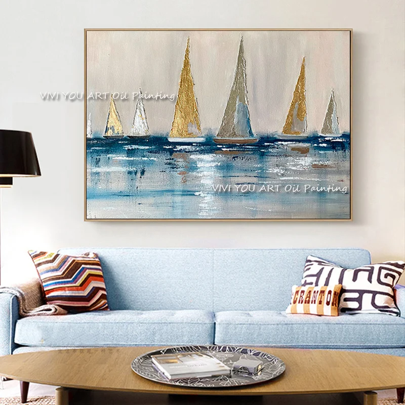 100% Handmade Abstract Pictures Gold And Silver Canvas Wall Art Gold Foil Sailboat Oil Painting Modern Living room Home Decorate