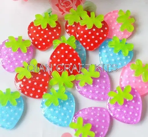 150pcs Mixed Colors Bling Strawberry Glitter Resin Acrylic Combined Polka Dots Cabochon Decoden 20mm Sparkle Print