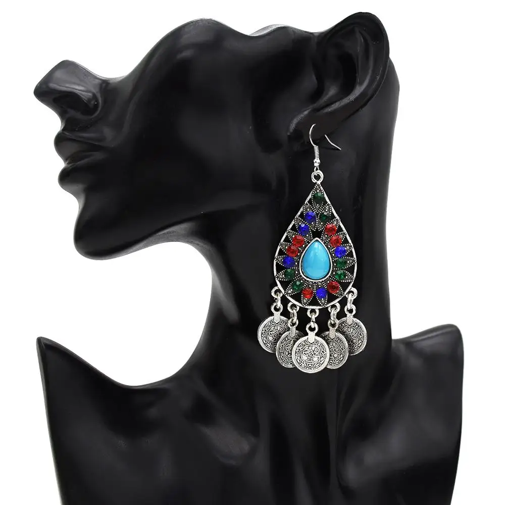 Vintage Boho Jhumka Coin Tassel Oxidized Drop Dangle Indian Earrings Colorful Rhinestone Gypsy Tribal Jewelry For Women Wedding
