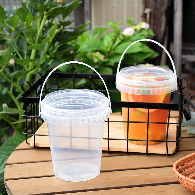 

10pcs 1L large transparent water barrel thick plastic milk tea dessert cups ice cream cup juice tea packaging box with handle