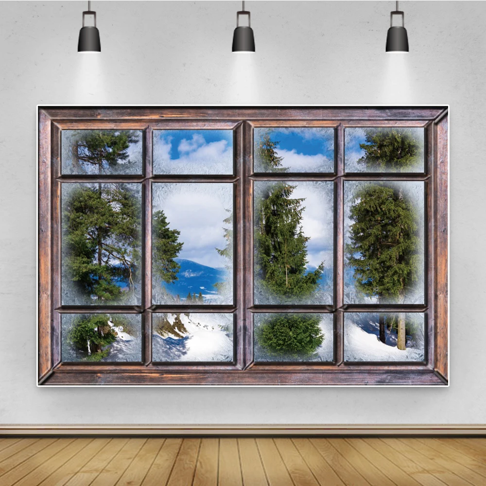 Winter Snowscape Forest Pine Trees Mountain Creative Windows Home Decor Christmas Party Photography Background Photo Backdrop