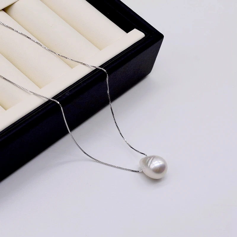 Women\'s Pendant Necklace Natural Freshwater Pearl Silver Necklace 11-12mm White Baroque Water Drop Pendant Necklace for Girls