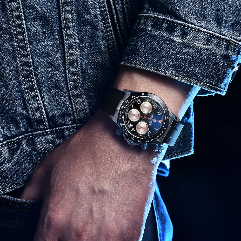 PAGANI DESIGN VK63 jam tangan kuarsa untuk pria, arloji kaca safir dengan Chronograph keramik Bezel angka Arab, hadiah olahraga