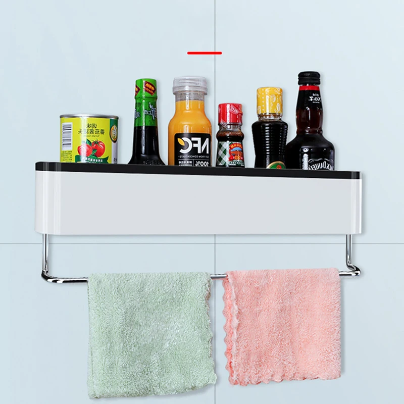 Punch-Free Bathroom Shelf With Towel Bar Kitchen Storage Rack Lotions Storage Household Bathroom Accessories Housekeeper On Wall