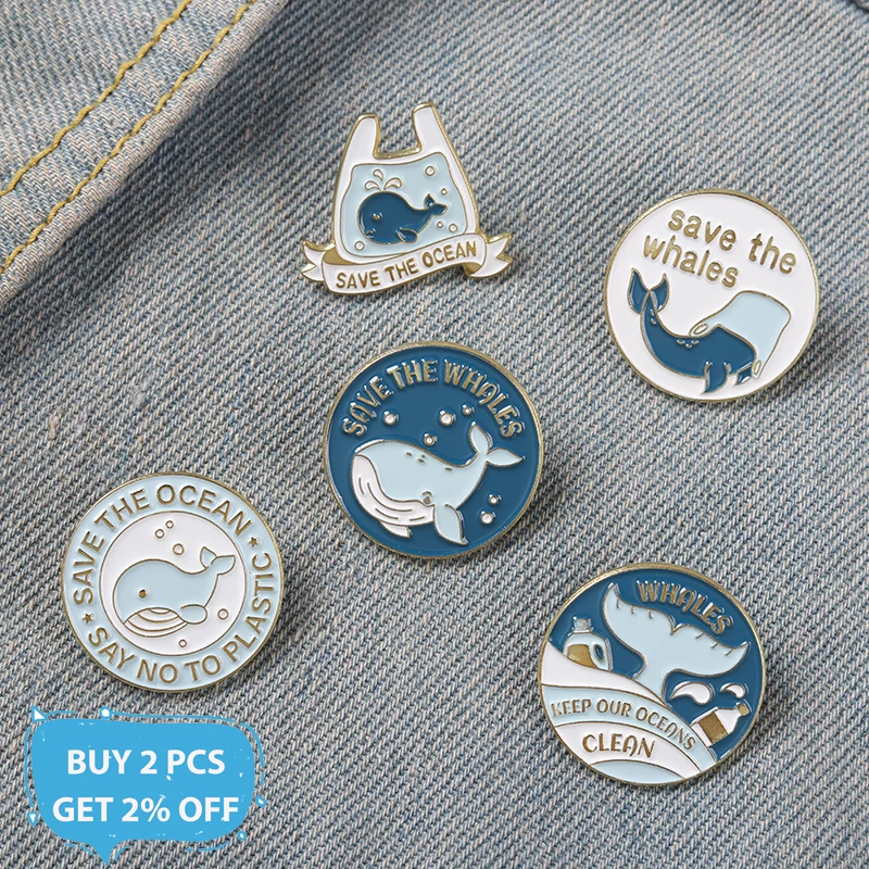 Whale Enamel Pins Sea Protect Ocean Animal Stay Away From Plastic Waste Brooches Bag Hat Lapel Pin Gift for Environmentalist