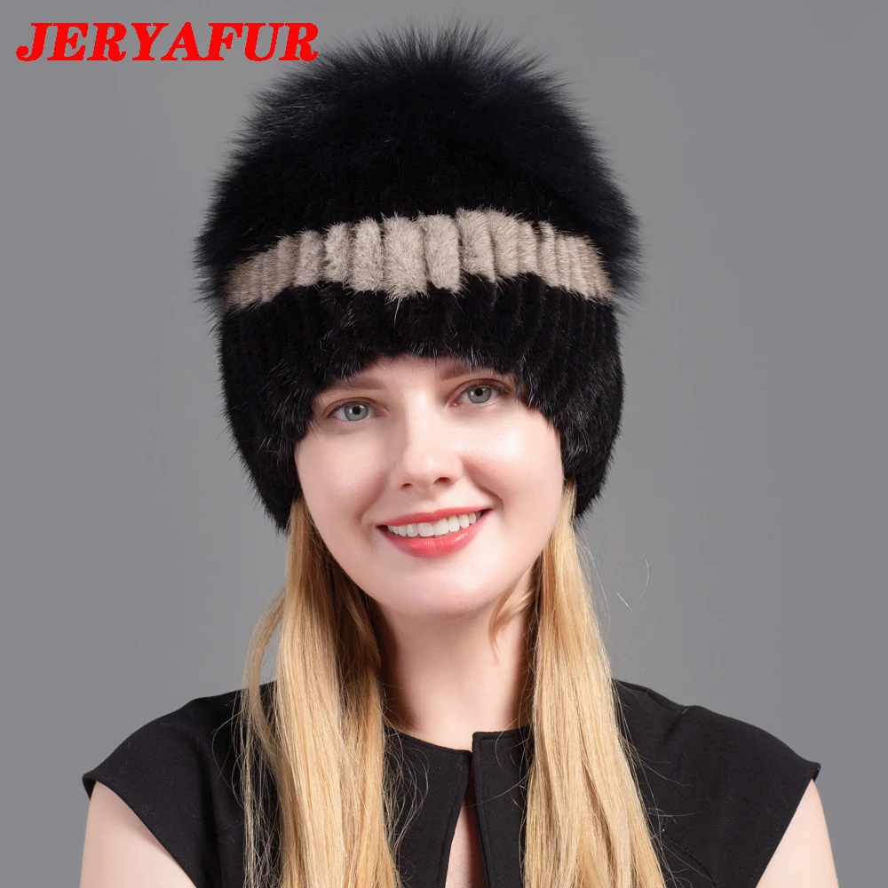 JERYAFUR Natural Fox Fur Hat Mink Hat Winter Women Natural Vertical High Quality Fashion Hat Silver Fox Hat