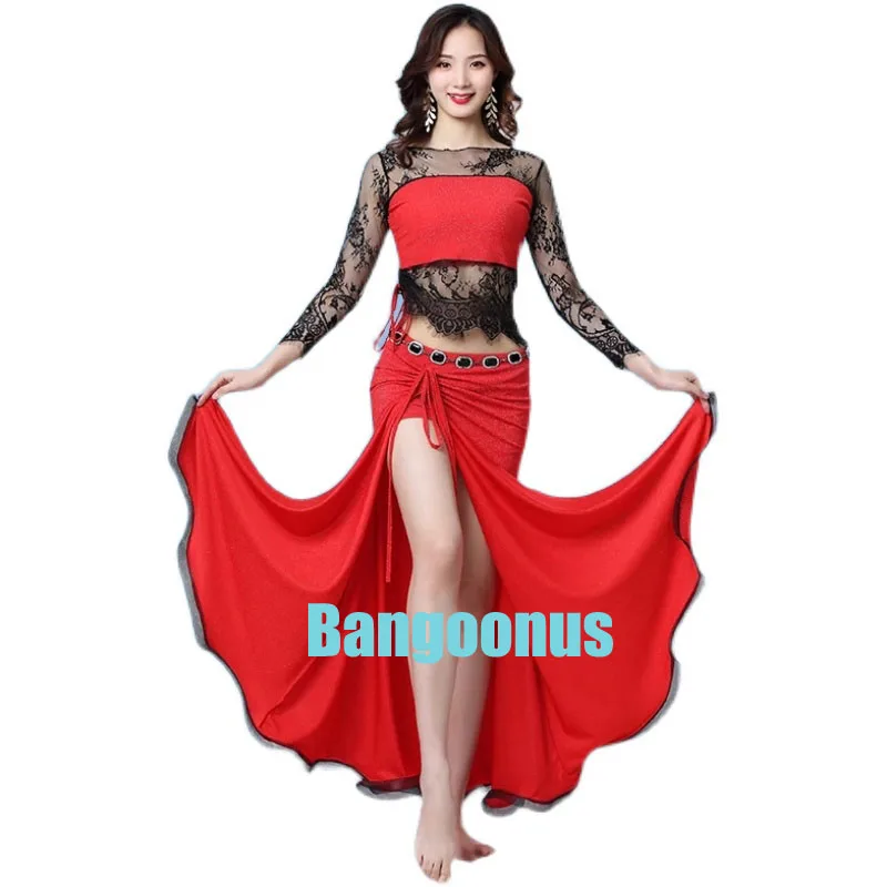 

Belly Dance Costume Spring Sexy Lace Silver Silk Net Top Skirt Set Oriental Dance Costume Female Exercise Clothes Split Skirt