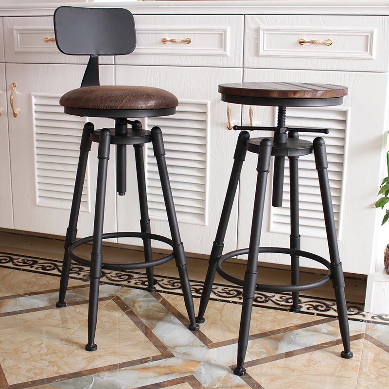Bar Chair Retro American Country Style Swivel Stool Iron Art Wood/Soft Cushion Seat High Footstool Rotatable Liftable Bar Chair