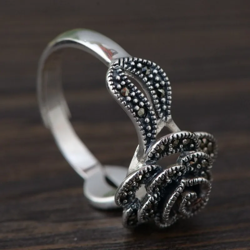 BOCAI 100% S925 Sterling Silver Rings Marcasite Rose Antique Style Thai Silver Hand Jewelry Pure Argentum Rings for Women