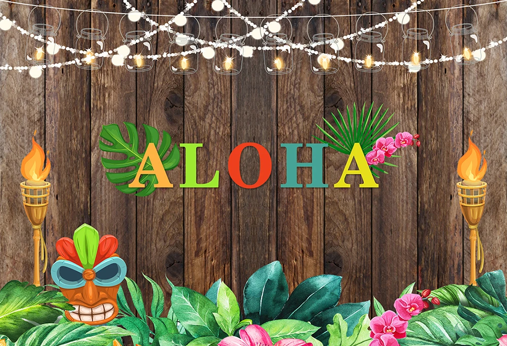 Aloha Party Wood Photography Backdrop Tiki ALOHA Luau Summer Theme Tropical Flashing Lights Photo Backdrop W-2127