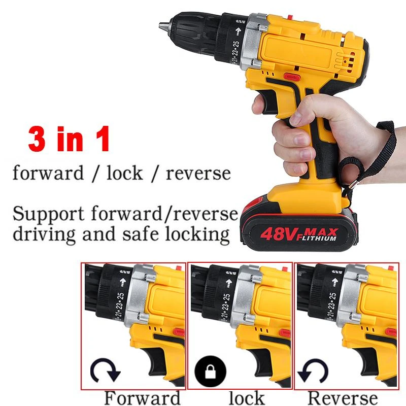 48V 1500W Electric Drill Rechargeable Cordless LED Light Multifunctional Household Electric Wrench Power Adapter + Battery EU
