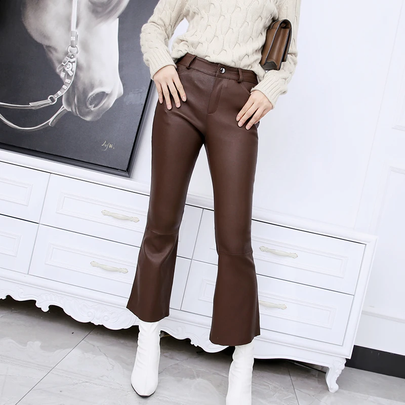 Leather Leggings For Women Tight-Fitting Stretch Pants Female Mid-Waist Slimming Simple Micro-Flared Nine-point Wrap Trousers