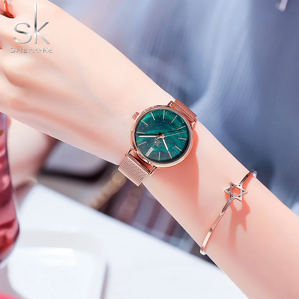 Shengke Frauen Uhren Starry Grün Zifferblatt Mesh Band Damen Armbanduhr Ultra-dünne Edelstahl Band Quarz Montre Femme Geschenk